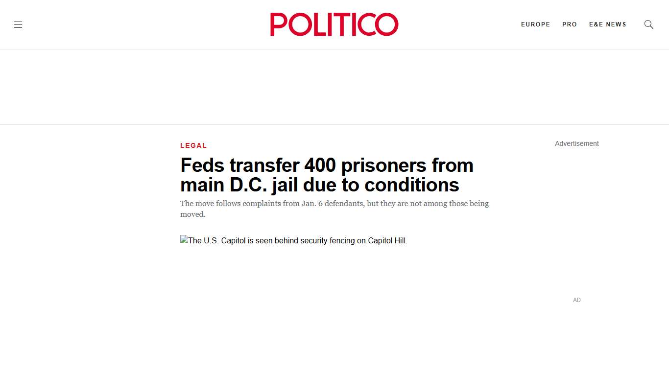 Feds transfer 400 prisoners from main D.C. jail due to conditions - POLITICO